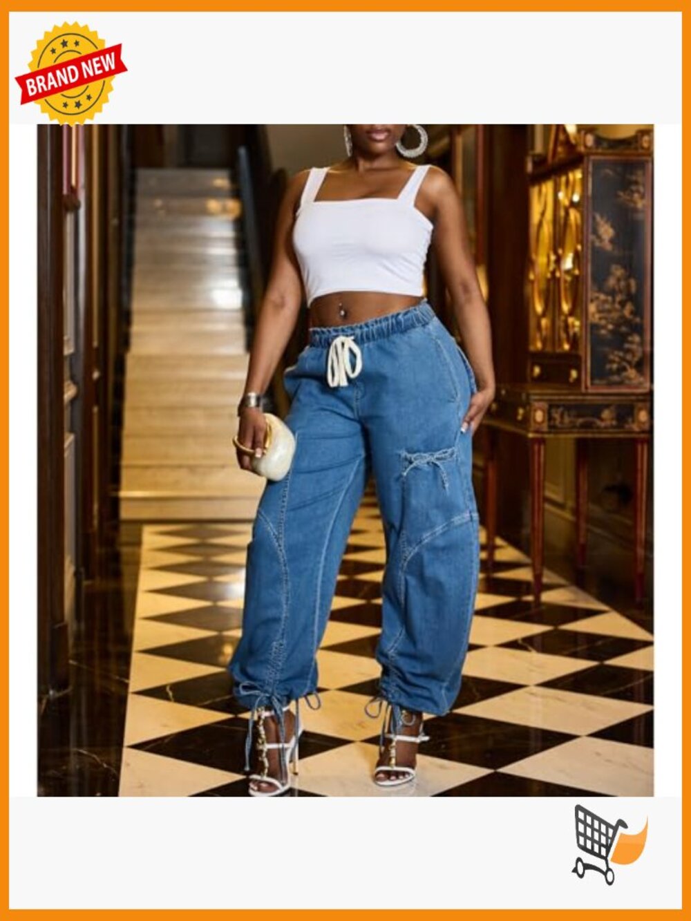 Plus Size Wide Leg Baggy Jeans Elastic Waist Denim Pants with Pockets - Picture 4 of 7